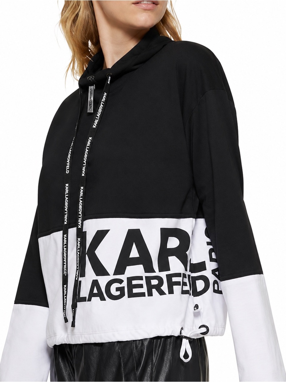 Karl Lagerfeld Black & White Cropped Quarter Zip Pullover Hoodie Size XS